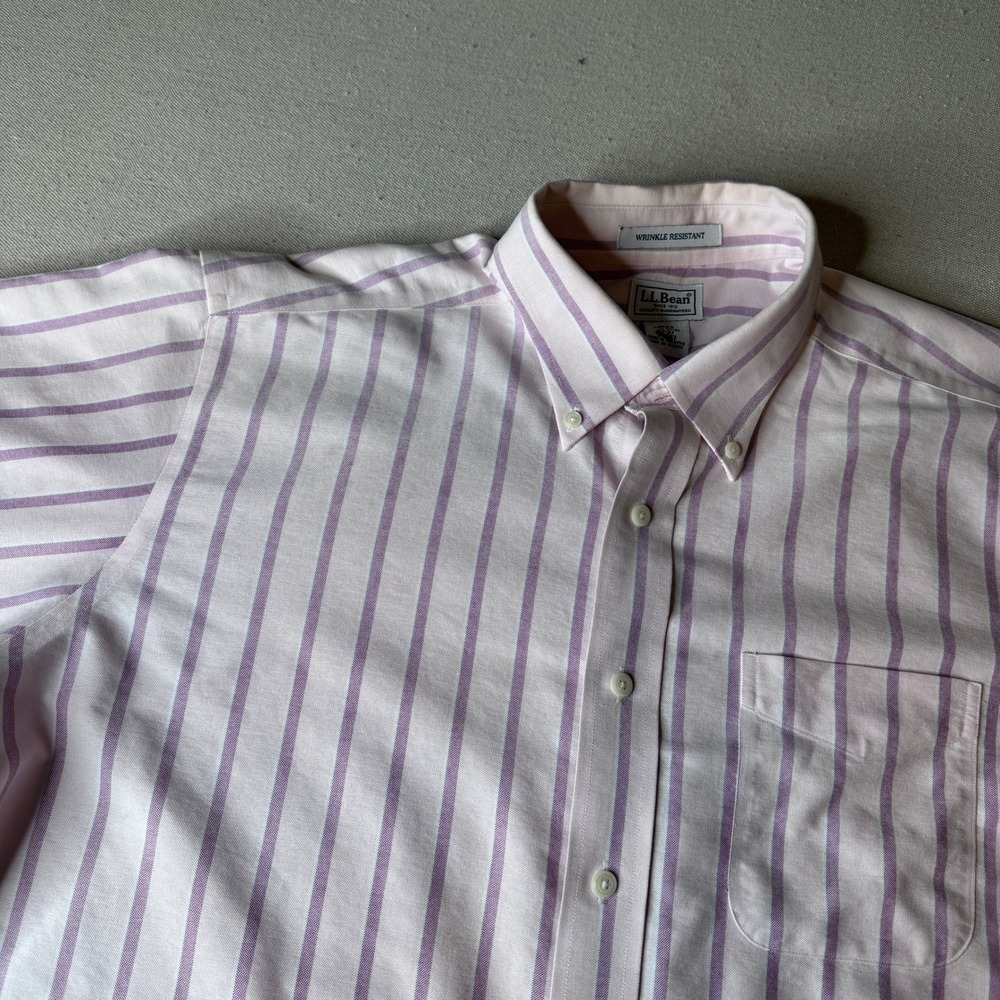 LL Bean Mens Wrinkle Resistant Striped Button Down Shirt Pink Purple 17-37